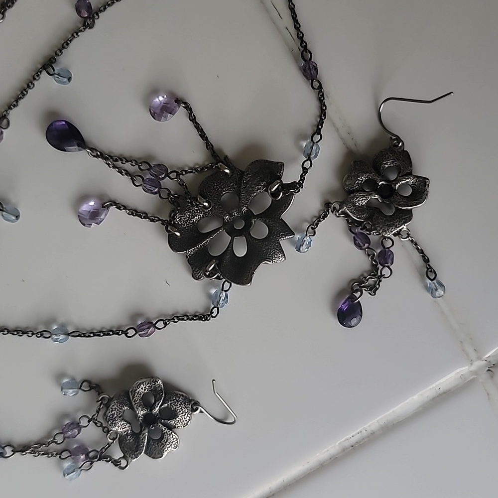 Pewter purple double necklace w earings - Picture 5 of 5